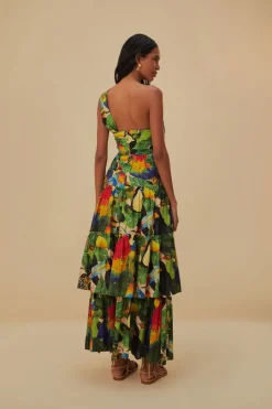  BIRD LEAVES SAND ONE SHOULDER MAXI DRESS