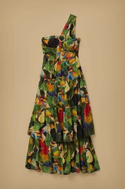  BIRD LEAVES SAND ONE SHOULDER MAXI DRESS
