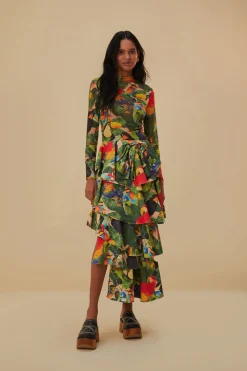 BIRD LEAVES SAND TIERED BOW DETAIL MAXI SKIRT