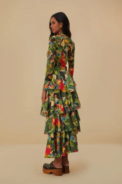  BIRD LEAVES SAND TIERED BOW DETAIL MAXI SKIRT
