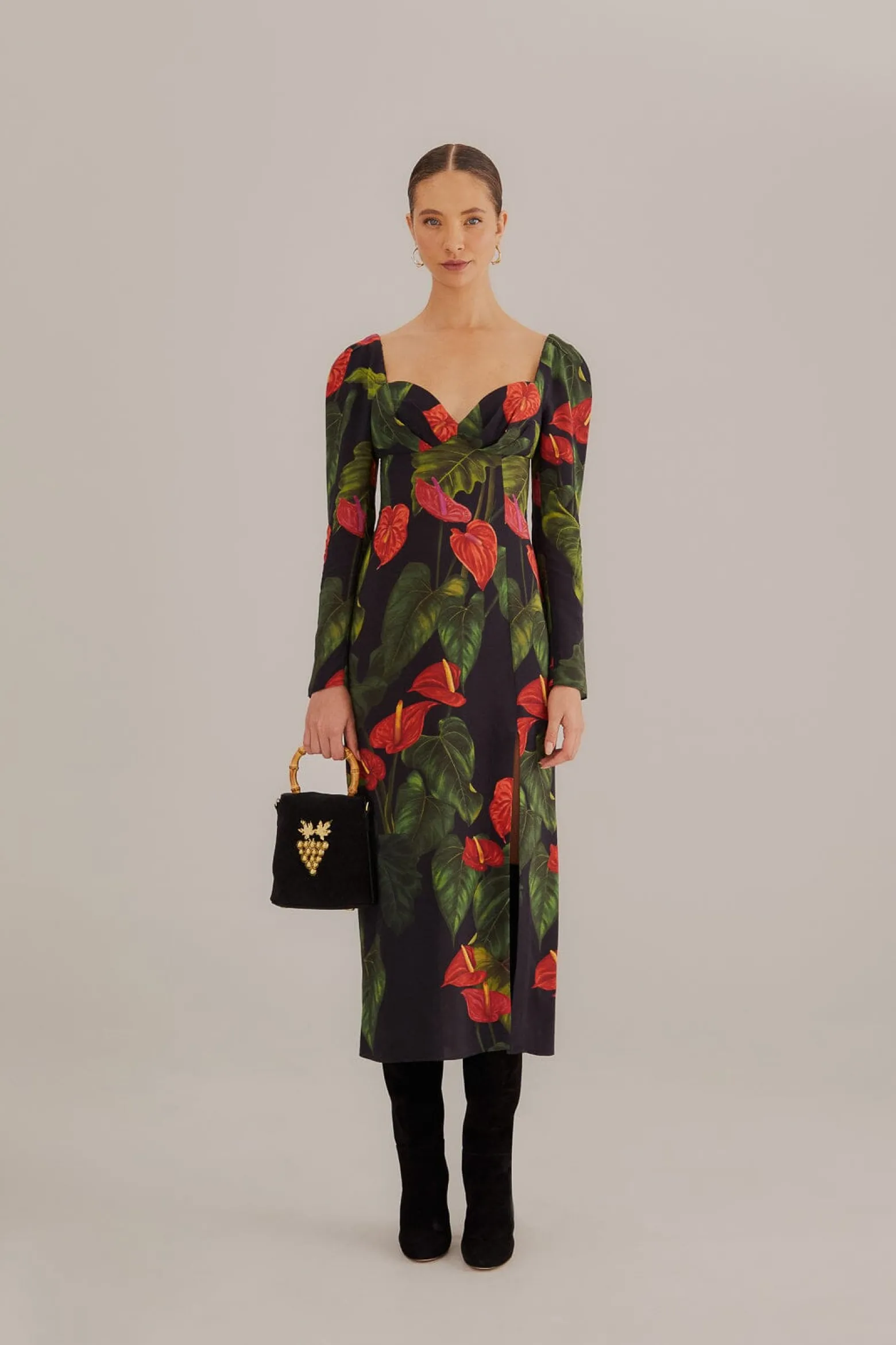 BLACK ANTHURIUM SLIT MIDI DRESS