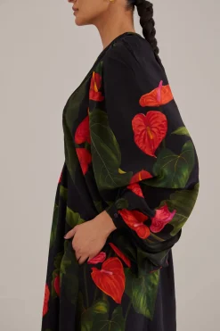 BLACK ANTHURIUM V NECK MAXI DRESS
