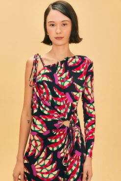 BLACK BANANA DOTS ONE SHOULDER MIDI DRESS