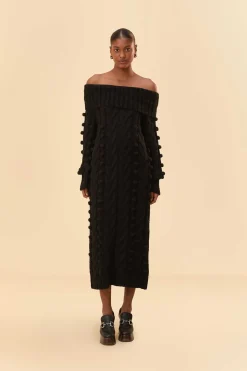 BLACK BRAIDED MIDI SWEATER DRESS