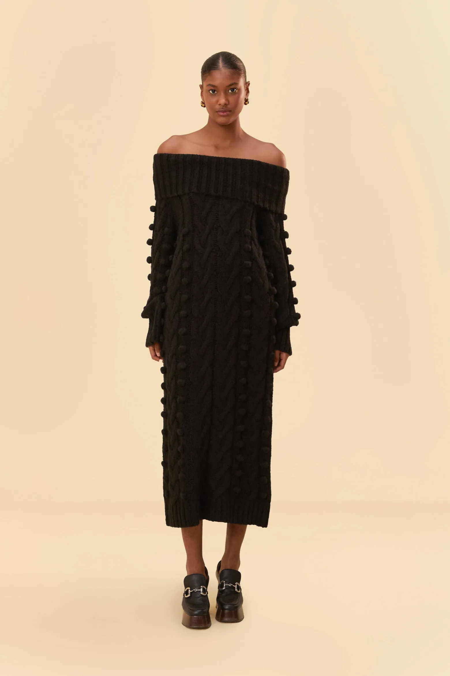 BLACK BRAIDED MIDI SWEATER DRESS