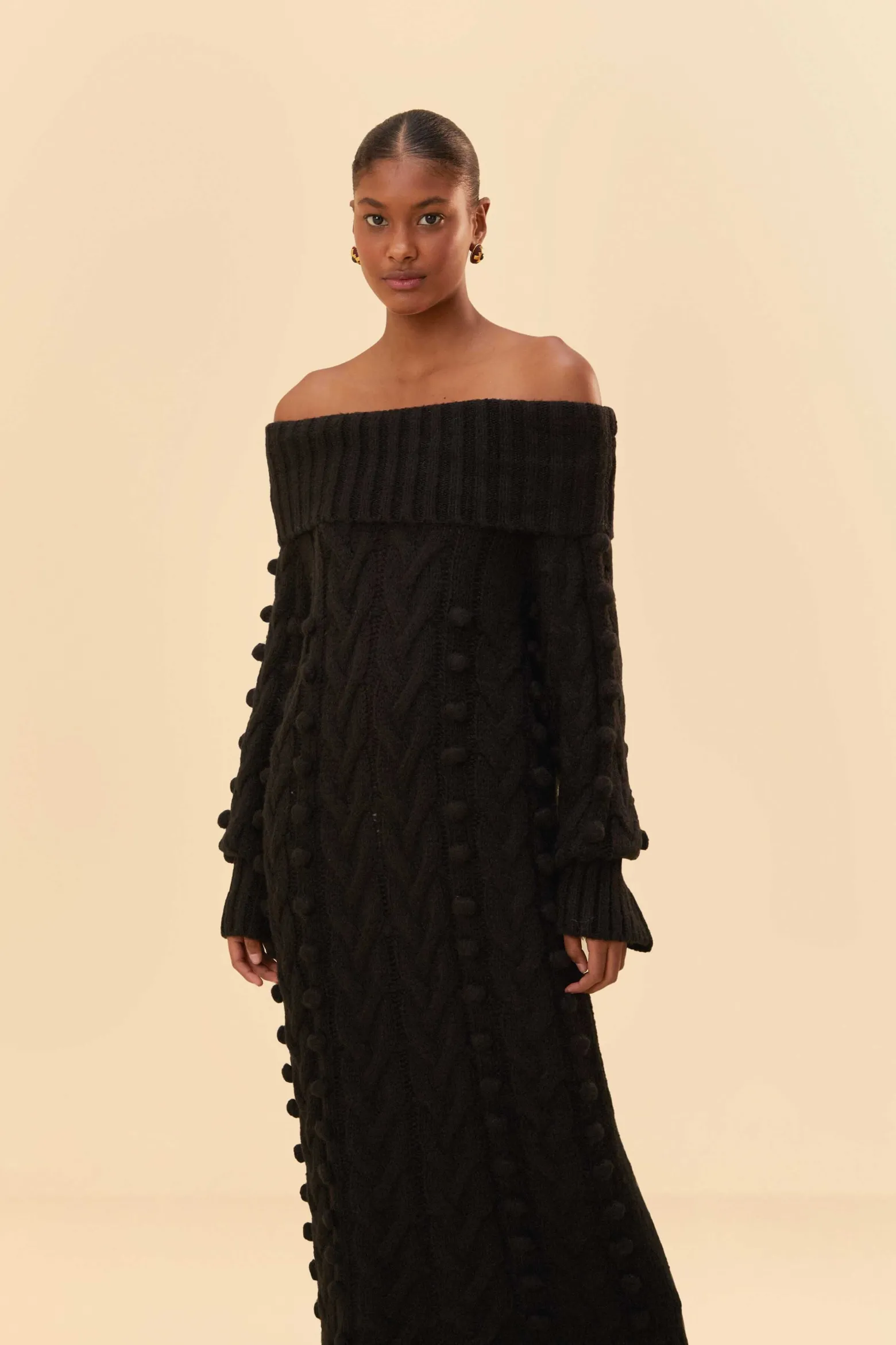 BLACK BRAIDED MIDI SWEATER DRESS