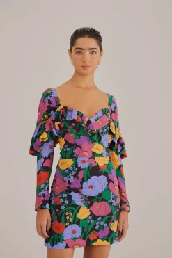 BLACK BUCOLIC GARDEN LONG SLEEVE MINI DRESS