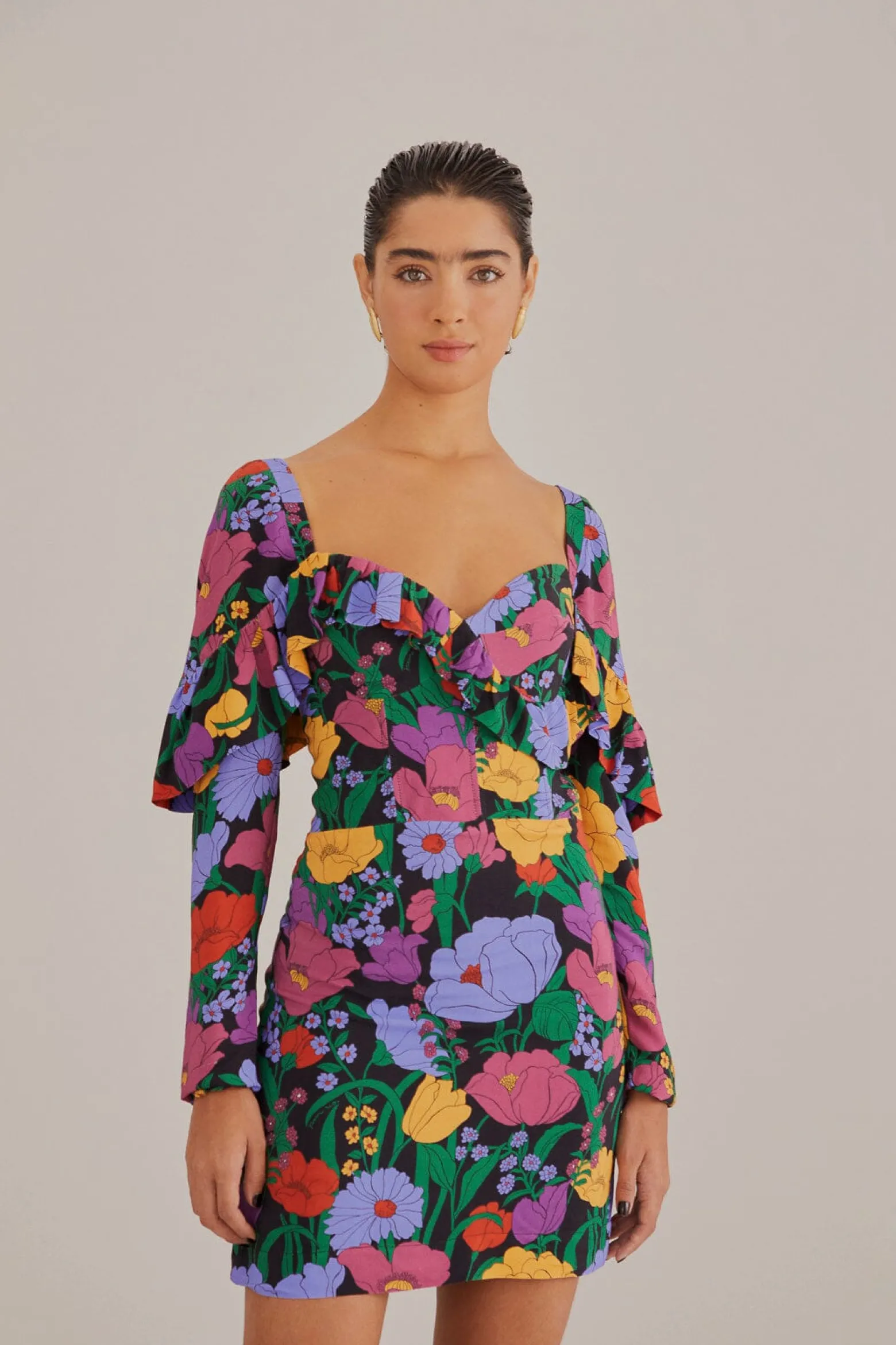BLACK BUCOLIC GARDEN LONG SLEEVE MINI DRESS