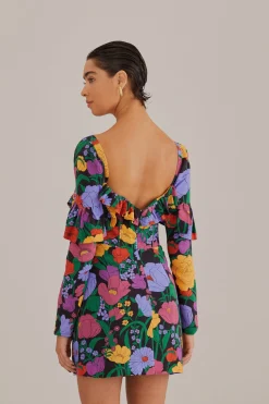 BLACK BUCOLIC GARDEN LONG SLEEVE MINI DRESS
