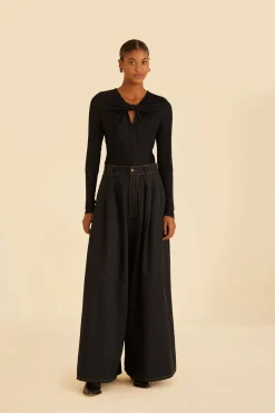 BLACK CANVAS MAXI PLEATED PANTS