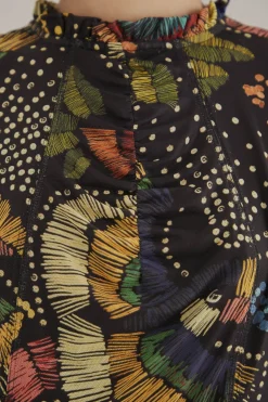 BLACK COLORFUL BIRDS TULLE BLOUSE