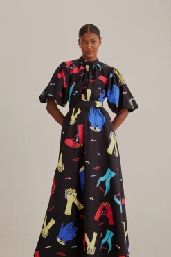 BLACK COLORFUL TOGETHER SHORT SLEEVE MIDI DRESS