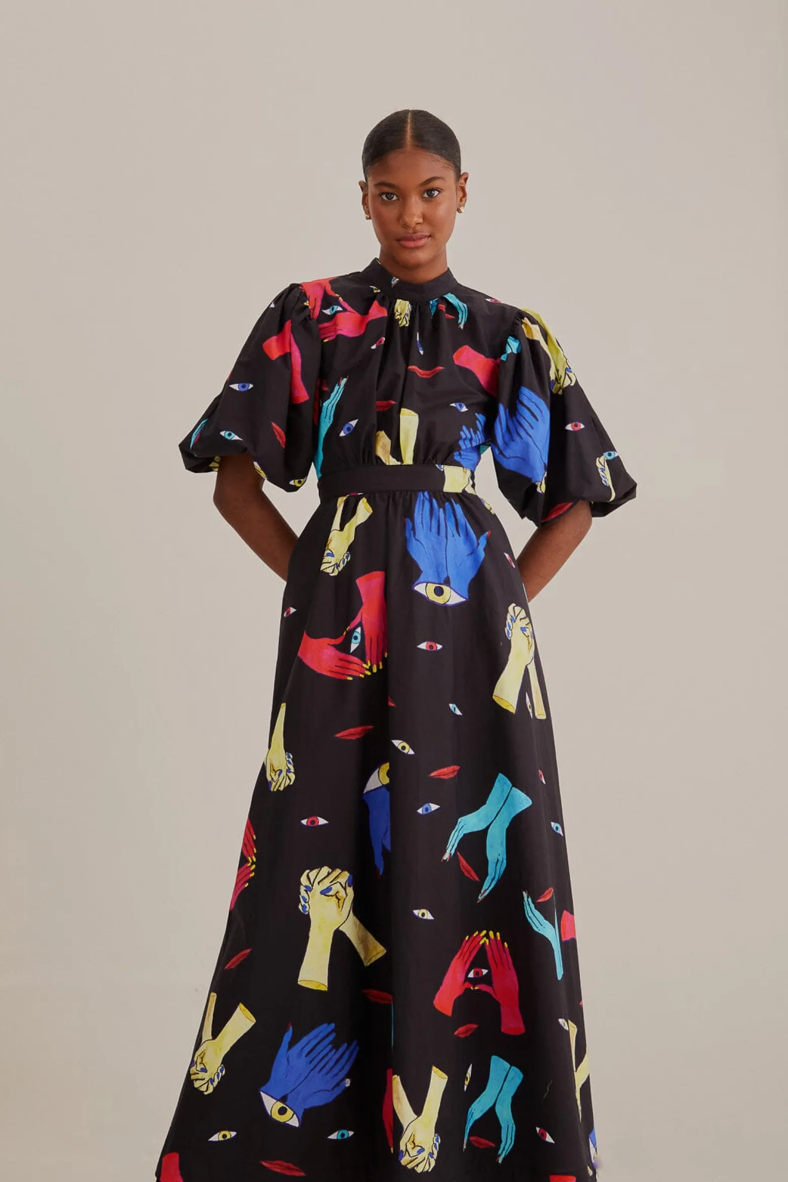 BLACK COLORFUL TOGETHER SHORT SLEEVE MIDI DRESS