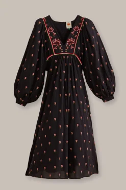 BLACK FLORAL EMBROIDERED V NECK MAXI DRESS
