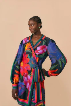 BLACK FLOWER SEASON SCARF MINI WRAP DRESS