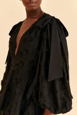 BLACK FLOWERS TEXTURED TIERED MIDI DRESS