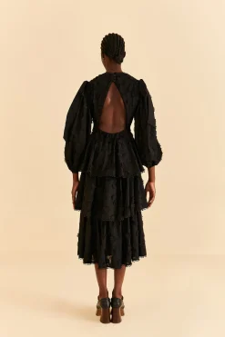 BLACK FLOWERS TEXTURED TIERED MIDI DRESS