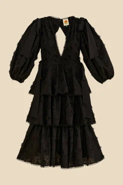 BLACK FLOWERS TEXTURED TIERED MIDI DRESS