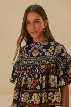 BLACK FLOWERY RUFFLE BLOUSE