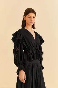BLACK LONG SLEEVE V NECKLINE BLOUSE