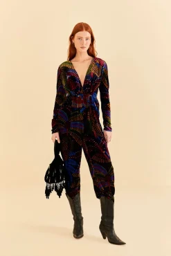 BLACK MIDNIGHT ISLAND V NECK VELVET JUMPSUIT