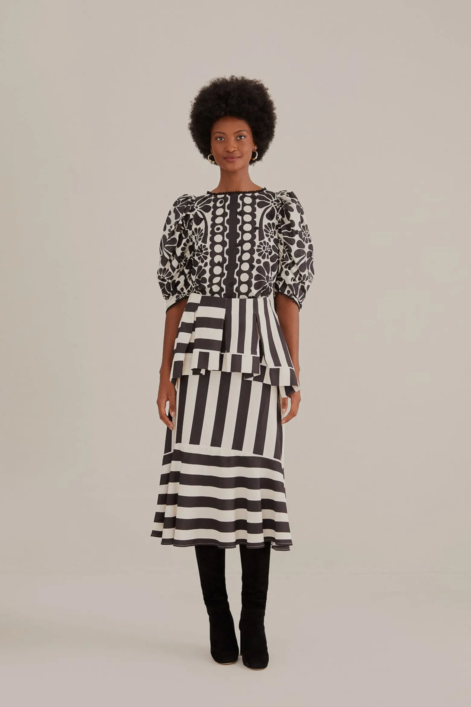 BLACK MIXED STRIPES MIDI SKIRT
