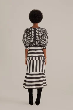 BLACK MIXED STRIPES MIDI SKIRT