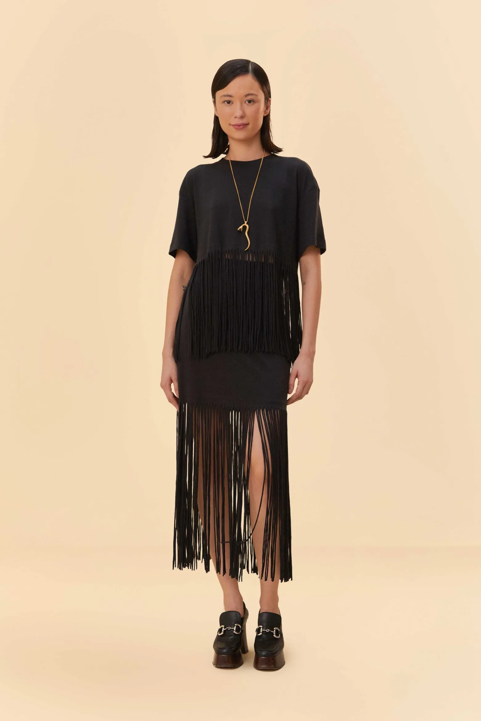 BLACK ORGANIC COTTON FRINGE MIDI SKIRT