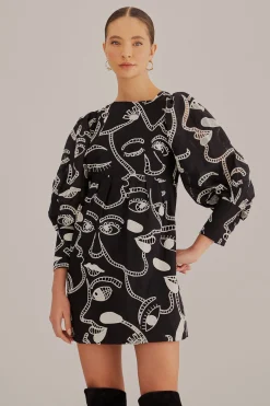 BLACK RICHELIEU FACES MINI DRESS
