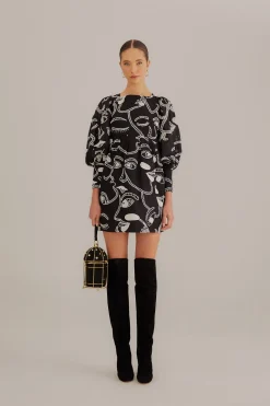  BLACK RICHELIEU FACES MINI DRESS