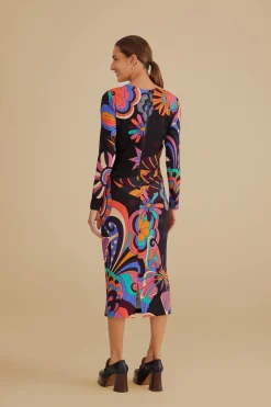  BLACK 70S VIBE LENZING™ ECOVERO™ VISCOSE MIDI DRESS
