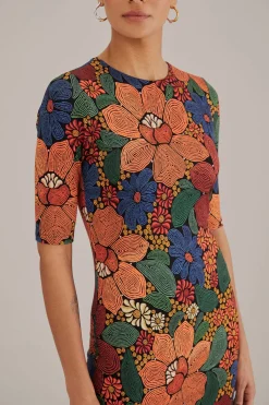 BLACK STITCHED FLOWERS LENZING™ ECOVERO™ VISCOSE MIDI DRESS