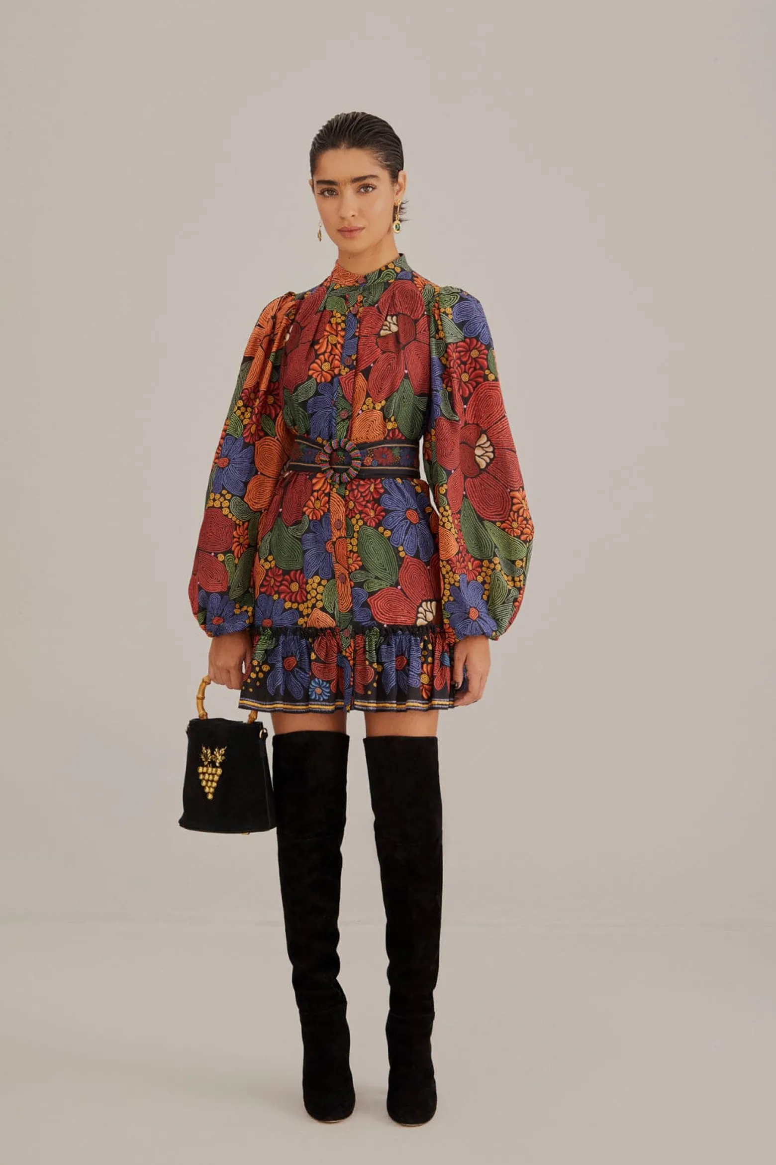 BLACK STITCHED FLOWERS LONG SLEEVE MINI DRESS
