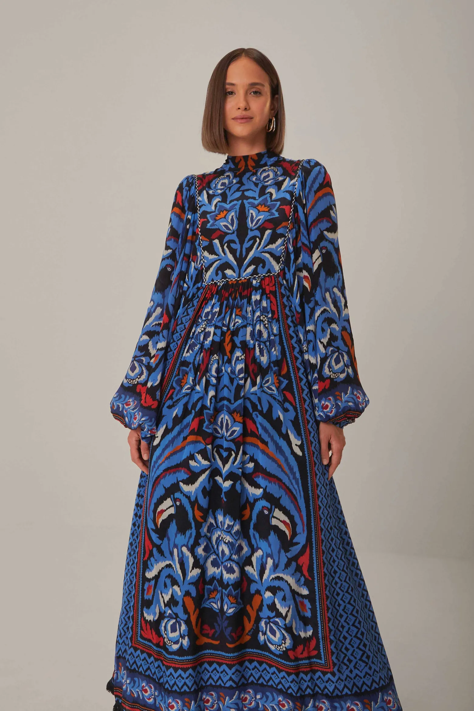 BLACK TOUCANS SCARF LONG SLEEVE MAXI DRESS