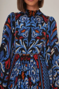 BLACK TOUCANS SCARF LONG SLEEVE MAXI DRESS