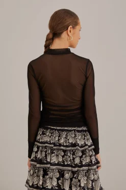 BLACK TULLE LONG SLEEVE BLOUSE