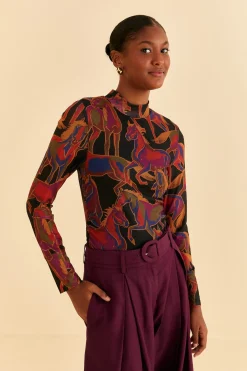 BLACK WILD HORSES TULLE BLOUSE