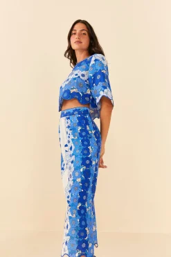  BLUE FLOWER STRIPES MIDI SKIRT