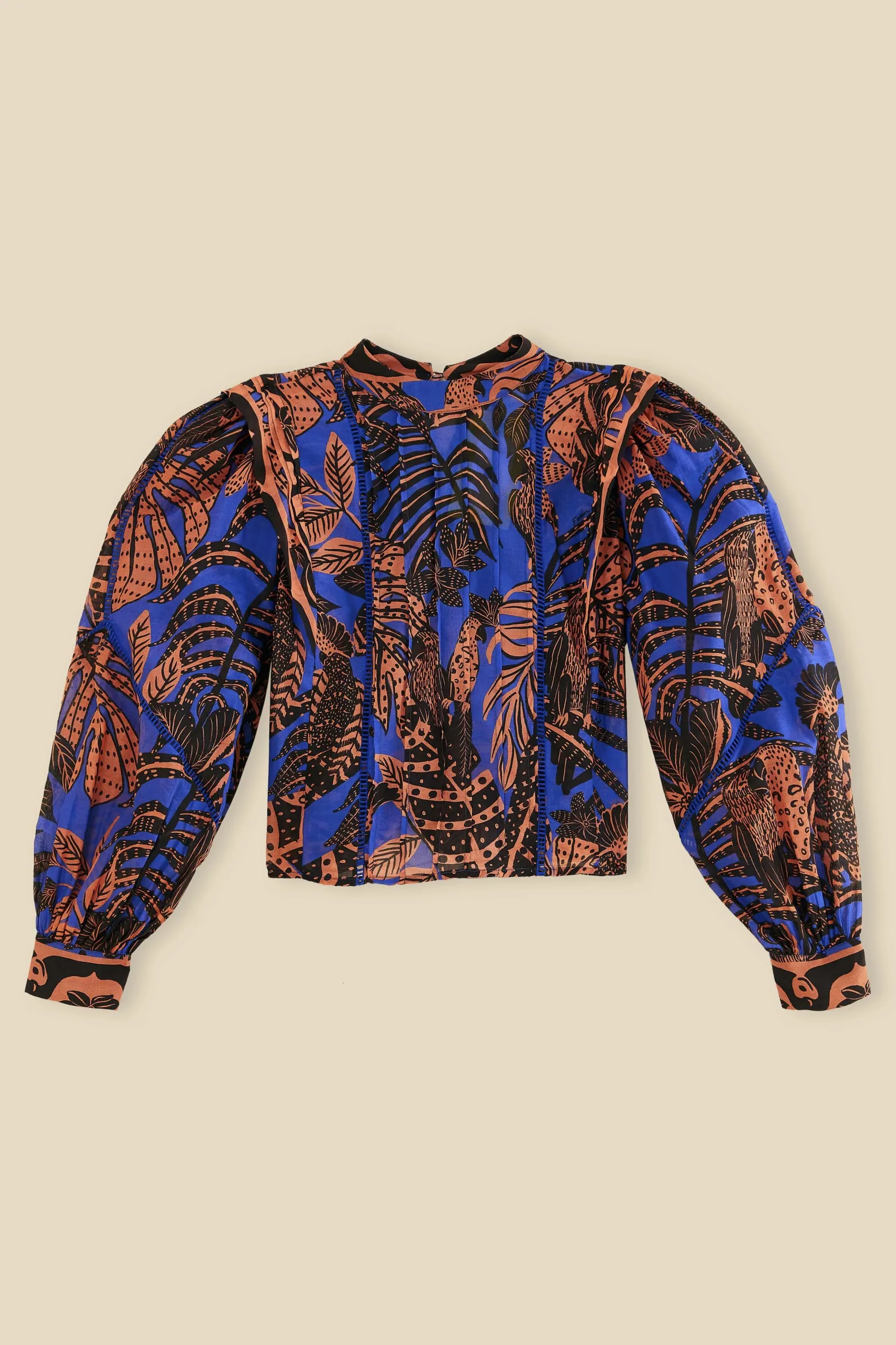 BLUE TROPICAL GOLD PLEATED LONG SLEEVE BLOUSE