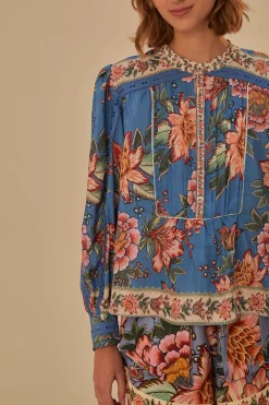 BLUE WONDERFUL BOUQUET LONG SLEEVE BLOUSE