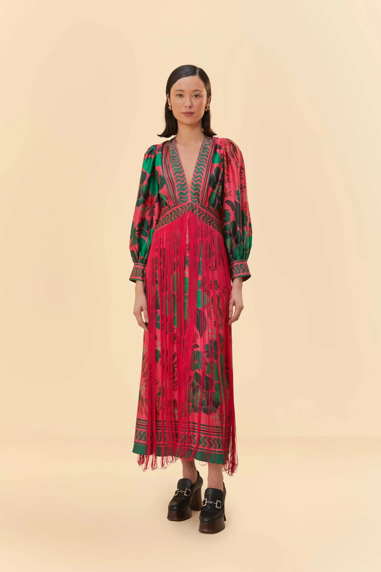 BLUSH FLORAL YARD FRINGE MAXI DRESS