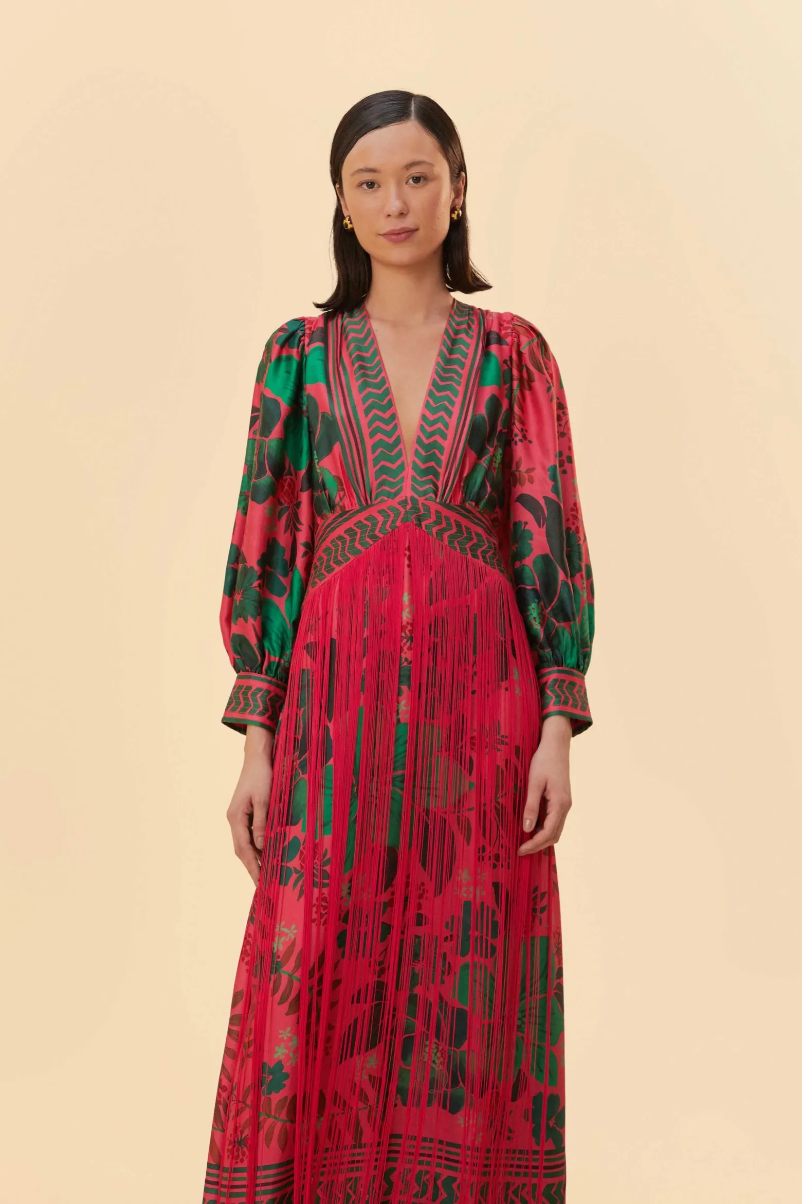 BLUSH FLORAL YARD FRINGE MAXI DRESS