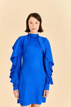 BRIGHT BLUE BACKLESS RUFFLE SLEEVE MINI DRESS