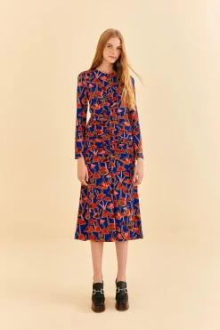 BRIGHT BLUE MUSHROOM SKETCH LENZING™ ECOVERO™ VISCOSE MIDI DRESS