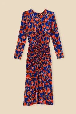 BRIGHT BLUE MUSHROOM SKETCH LENZING™ ECOVERO™ VISCOSE MIDI DRESS