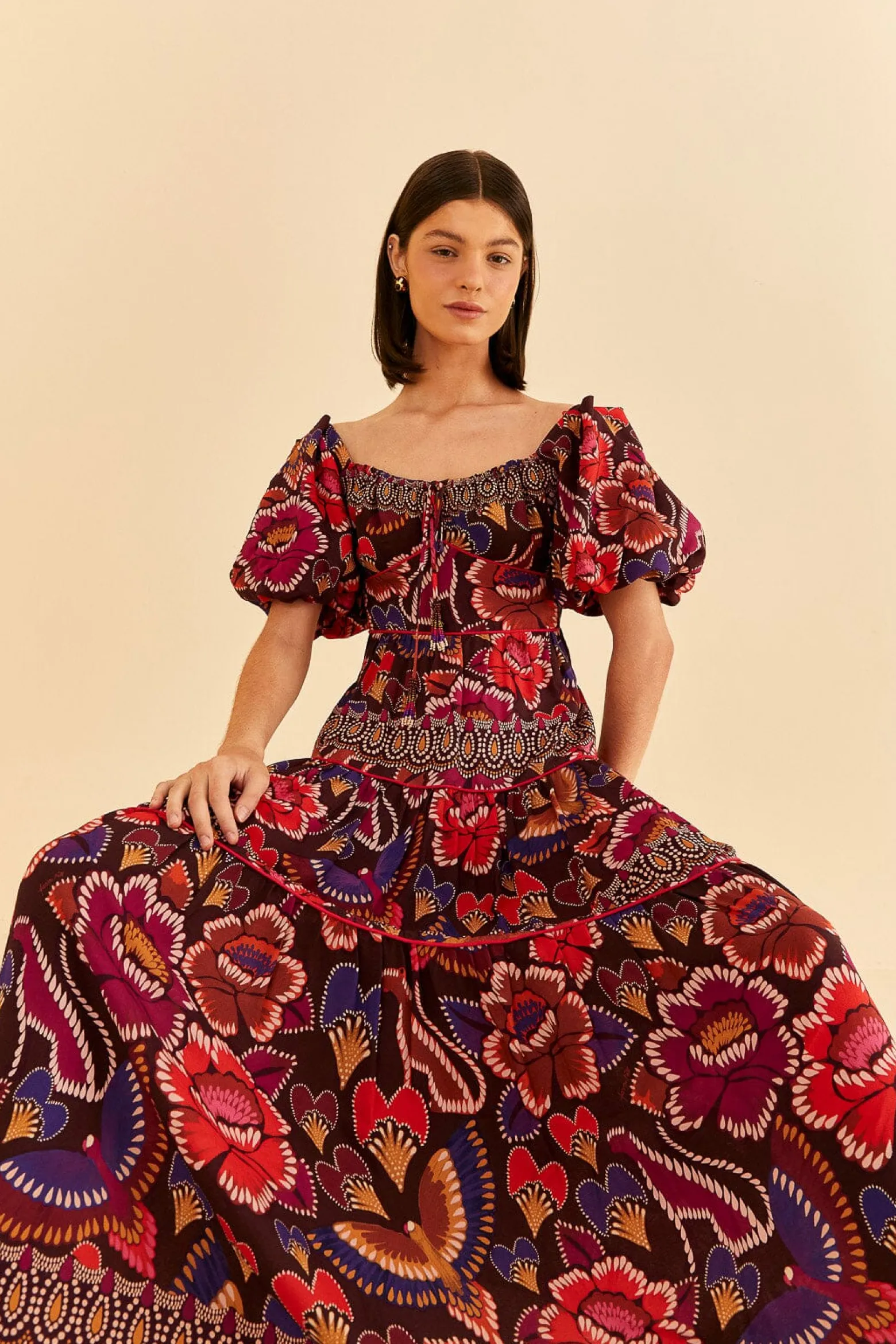 BROWN BRIGHT FLORA SHORT SLEEVE MIDI DRESS