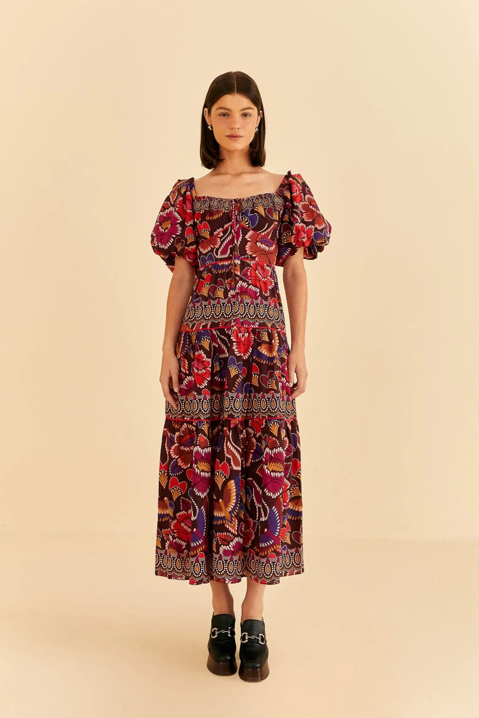 BROWN BRIGHT FLORA SHORT SLEEVE MIDI DRESS