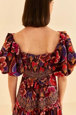 BROWN BRIGHT FLORA SHORT SLEEVE MIDI DRESS