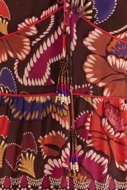 BROWN BRIGHT FLORA SHORT SLEEVE MIDI DRESS