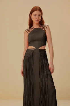 BROWN FRINGED SLEEVELESS MIDI DRESS